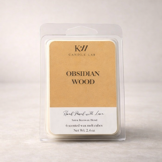 Obsidian Wood wax melt with palo santo, amber, and patchouli fragrance by KW Candle Lab