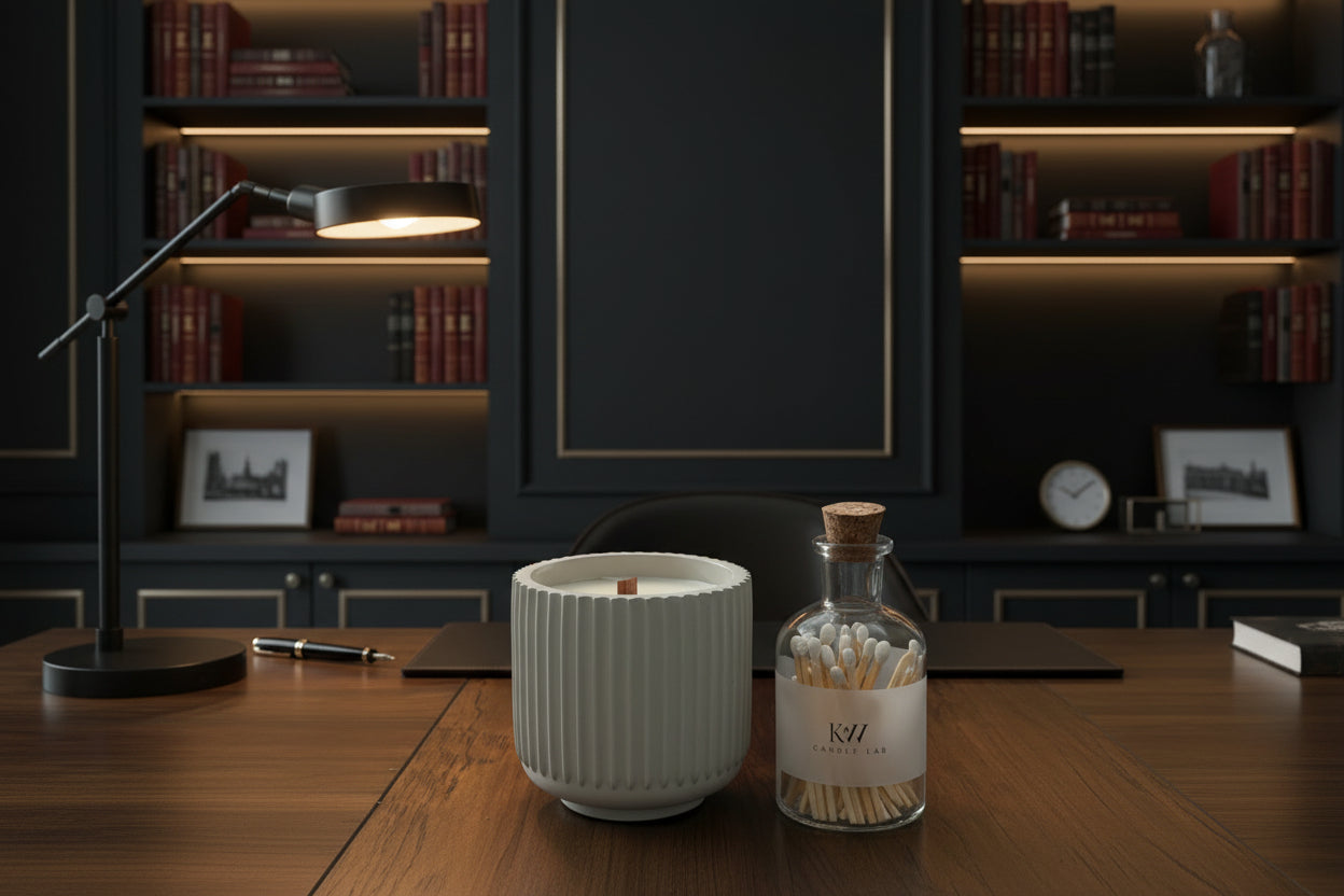 kw candle lab perfect gentleman scented candle in hand crafted gray concrete candle in an office with a bottle of matches on a wooden desk