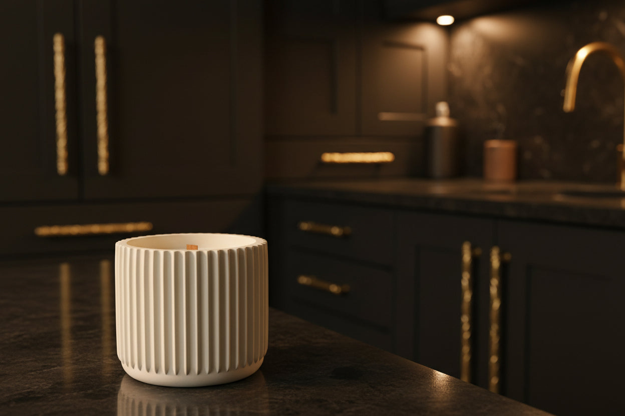 kw candle lab perfect gentleman scented candle in hand crafted concrete jar in an upscale kitchen