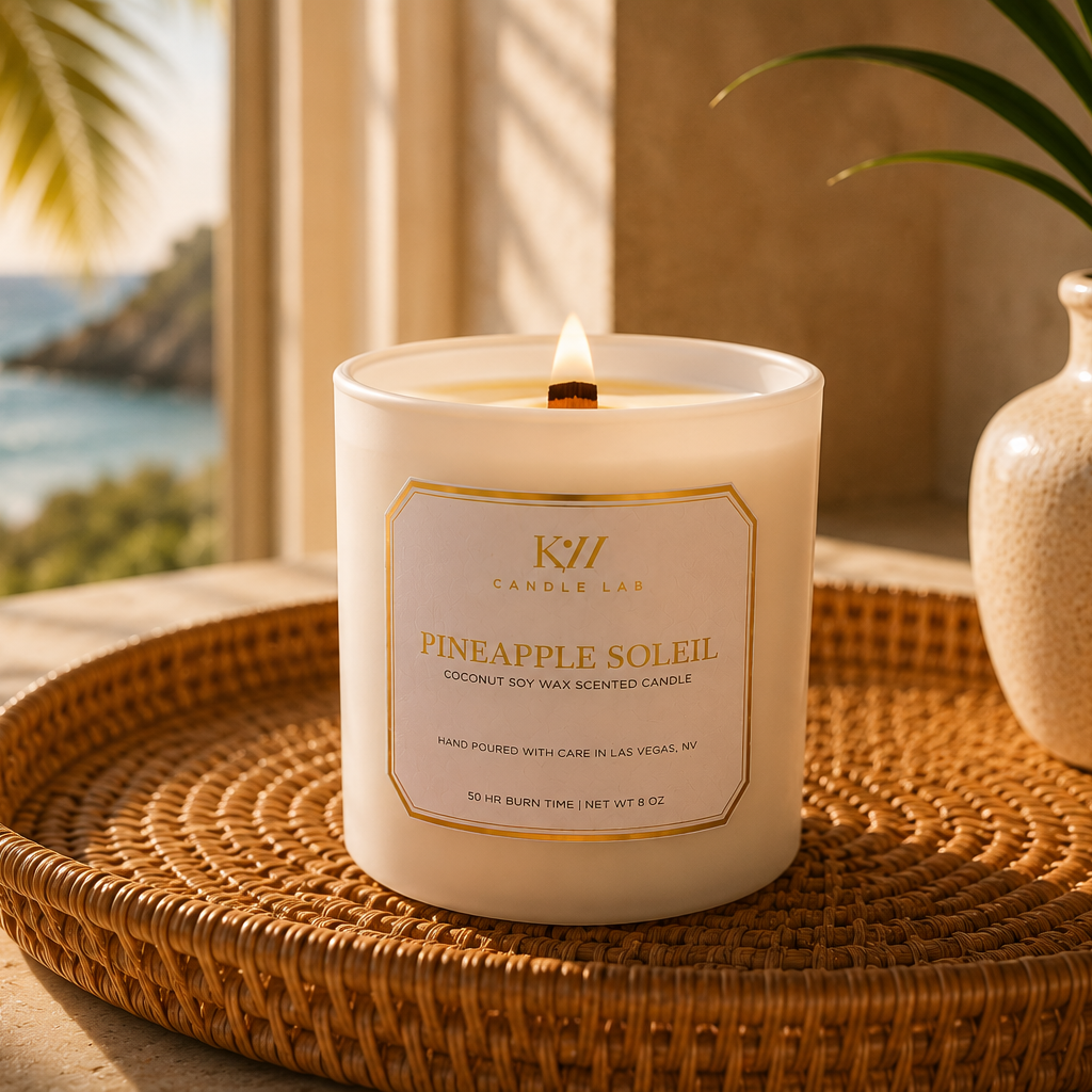 Pineapple Soleil coconut soy candle with crackling wood wick styled on a wicker tray in a sunlit coastal setting overlooking the ocean.