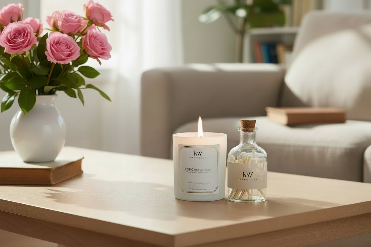 kw candl lab pistachio gelato candle and matches on a coffee table with a flower arrangement and sofa in the background