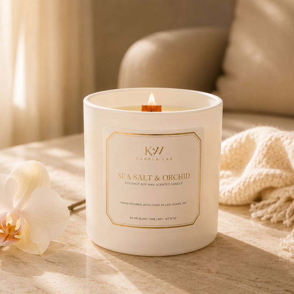 Sea Salt & Orchid wood wick coconut soy candle styled with white orchid blooms in a bright, spa-inspired setting.