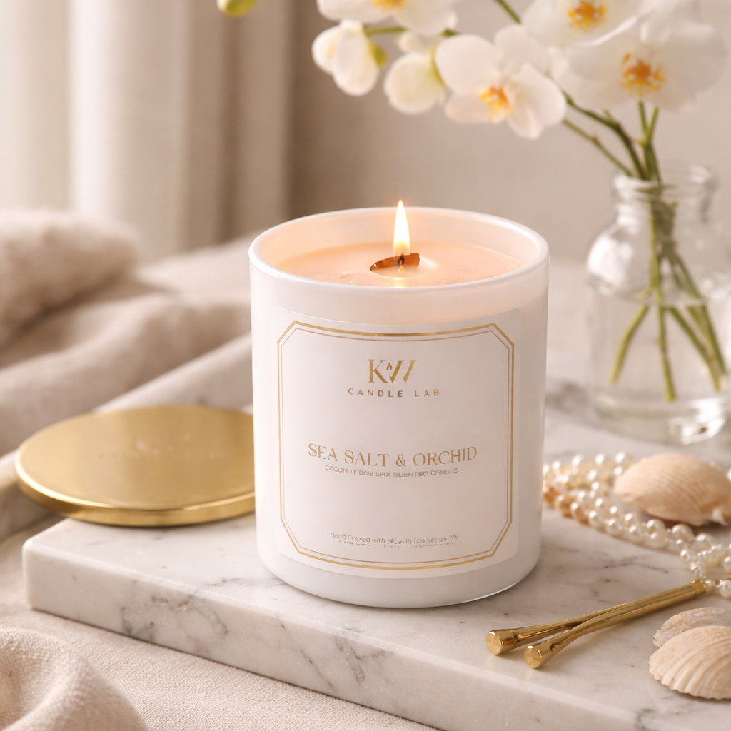 Sea Salt & Orchid candle burning beside coastal-inspired décor, showcasing its clean floral fragrance and relaxing spa-like atmosphere.