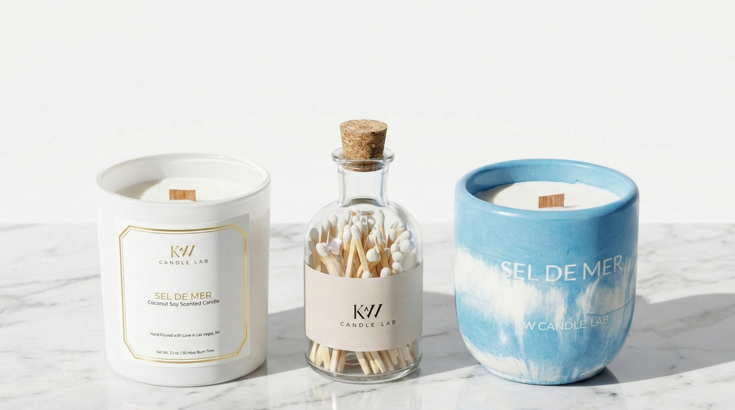Sel de Mer fragrance collection featuring glass candle, hand-cast concrete candle, and match bottle.