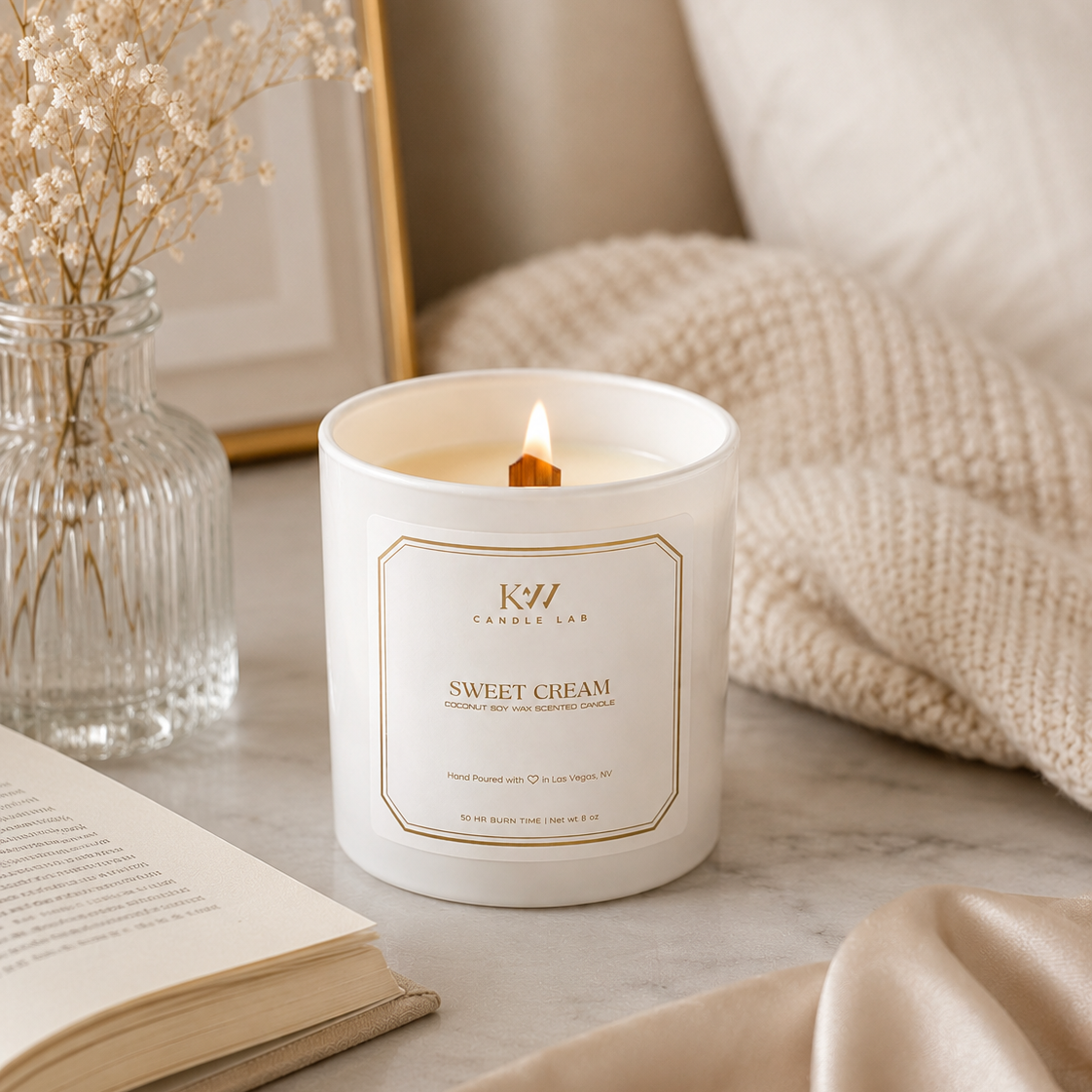KW Candle Lab 'Sweet Cream' luxury candle on a table with a book and decorative elements.