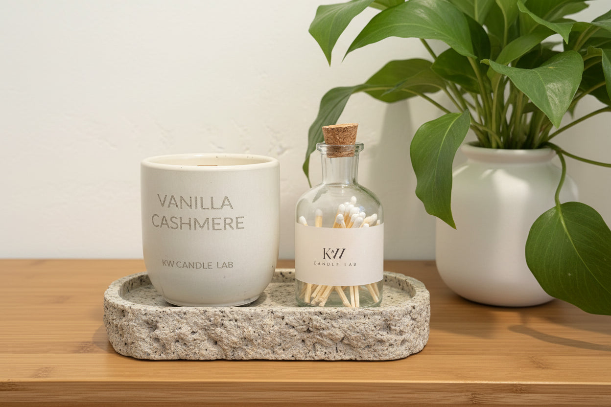 Vanilla Cashmere candle and a bottle of matches on a wooden surface with a white background