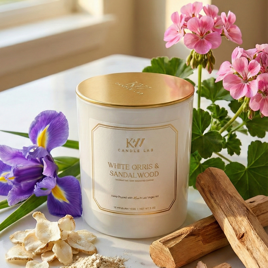 Candle with floral and wood elements on a marble surface