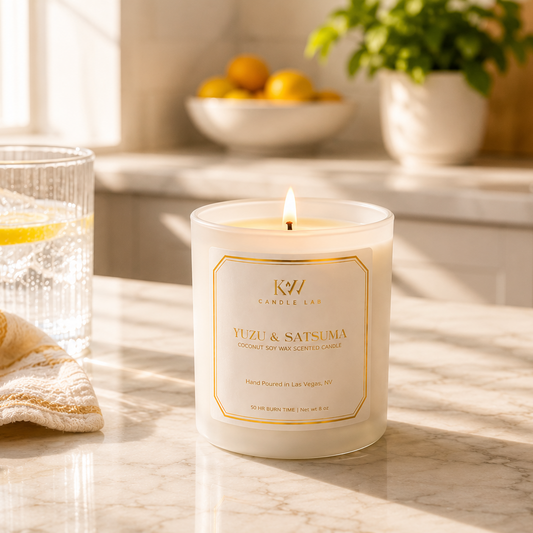 Yuzu & Satsuma coconut soy candle styled in a bright kitchen with citrus water and natural morning light.